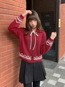 Áo len cardigan dệt kim cổ Fair Isle phong cách vintage Hàn Quốc, phối màu tương phản, cài nút đơn, dáng rộng đa năng - Đỏ - Xem 1