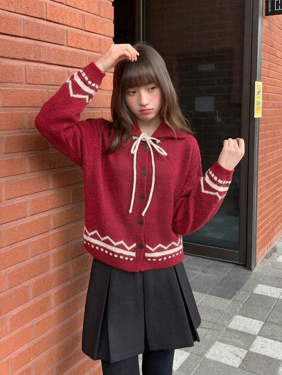 Áo len cardigan dệt kim cổ Fair Isle phong cách vintage Hàn Quốc, phối màu tương phản, cài nút đơn, dáng rộng đa năng - Đỏ - Xem 1