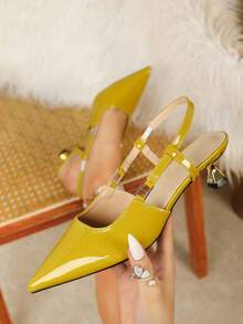 Sepatu Wanita Hak Kitten Model Slingback Ujung Lancip dengan Pita, Sepatu Hak Stiletto Elegan, Serbaguna, dan Nyaman untuk Perjalanan dan Kencan. - Mustard Yellow - View 11