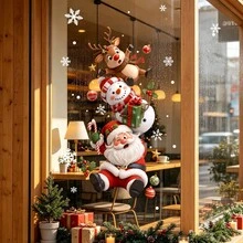 1pc Christmas Stacked Characters Window Sticker, Reusable And Removable Glass Decal, Featuring Santa Claus, Snowman And Reindeer, Suitable For Home Decor, Store Window And Holiday Party Decoration - Multicolor - View 1