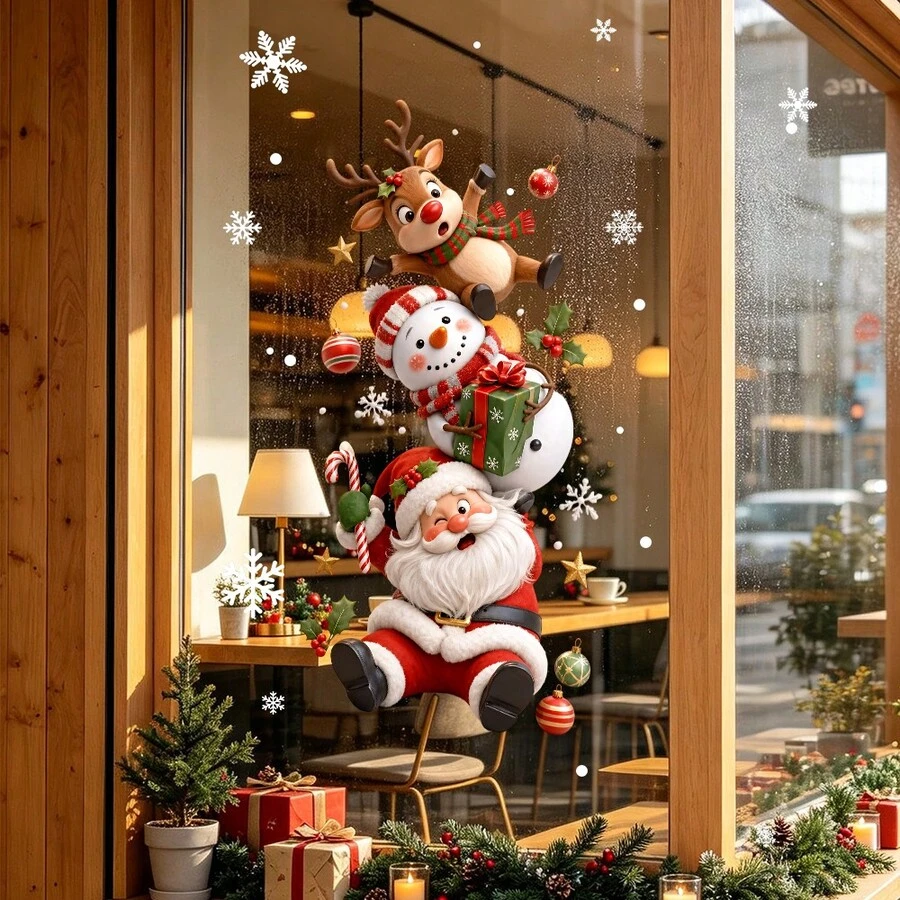 1pc Christmas Stacked Characters Window Sticker, Reusable And Removable Glass Decal, Featuring Santa Claus, Snowman And Reindeer, Suitable For Home Decor, Store Window And Holiday Party Decoration - Multicolor - View 1