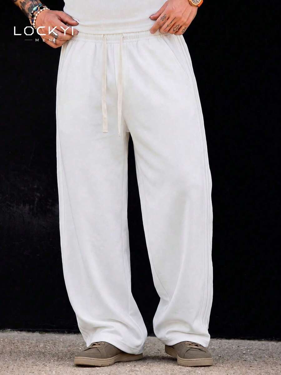 1pc Men's Spring/Summer White Straight Leg Sweatpants, American Style Drapey Loose Wide Leg Casual Sports Long Pants - White - View 1