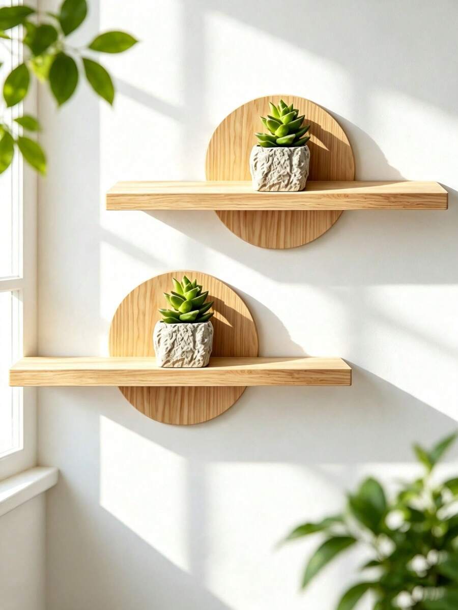 Wooden Wall-Mounted Floating Shelf, Round Backboard Wall Storage Rack, Minimalist Solid Wood Bedroom Study Display Shelf, Succulent Photo Frame Decorative Wall Shelf - Multicolor - View 1
