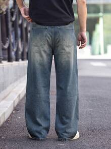 1pc Men's Denim Wide Leg Pants, Cat Whisker Design, Versatile, Street Style, Suitable For Daily Wear - Blue - View 4