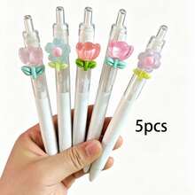 5pcs Retractable Floral Pattern Ballpoint Pens, Romantic Tulip Design, 0.5mm, Suitable For Journaling And Sketching, Back To School Essential, School And Office Supplies, Holiday Gift - Multi-color - View 7