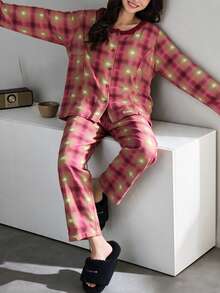 2pcs/Set Women's Pajamas Loungewear, Asymmetrical Print Long Sleeve Pants, Easy Care Fabric - Red - View 5