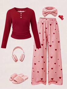 Spring/Autumn Girls Casual Burgundy Ribbed Long Sleeve Top + Heart Vertical Ribbed Pants Pajama Set, Lace Collar, Soft Fabric, Home Leisure Wear - Burgundy - View 2