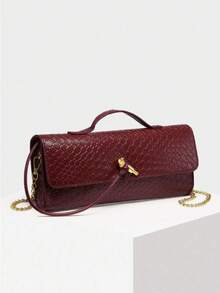 Tas Clutch Wanita Vintage Minimalis dengan Tekstur Tenun Imitasi Warna Merah Angola, Model Retro dengan Penutup dan Kunci, Kapasitas Besar. - Merah - View 2