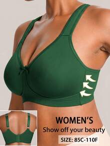 1pc Solid Color Casual Comfortable Plus Size Bra, Wire-Free Soft Back Design - Green - View 5