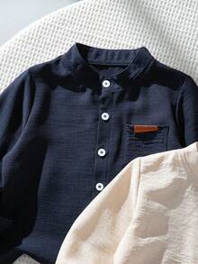2pcs/Set Boys' Fashionable Comfortable Woven Fabric Small Stand Collar Cardigan Pocket Leather Patch Decor Apricot & Navy Blue Long Sleeve Shirts, Open Front Design, Suitable For Commuting, School, Casual, Vacation, Sports, Spring And Autumn - Multicolor - View 7