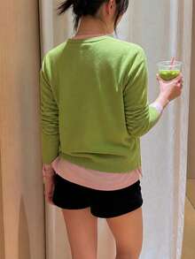 1pc Solid Color Knitted Button-Up Cardigan, Office & Campus Style, Autumn/Winter, Avocado Green Fall - Fruit Green - View 2