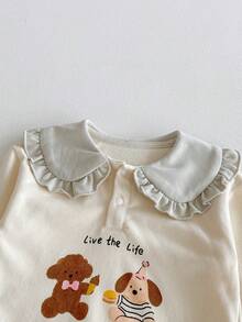 Miniweenns 2pcs/Set Baby Girl Spring/Autumn Outfit Cute Ruffle Collar Cartoon Bear & Puppy Print Sweatshirt + Pink Jogger Pants Comfortable Casual Loose Fit (Runs Large) - Mint Green - View 4