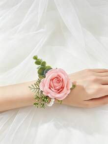 1 pieza/6 piezas Corsage de muñeca para mujer, flor de mano para novia y dama de honor, decoración de rosa rosa rubor, adorno de mano para fiesta nupcial, broche de muñeca, accesorio de pulsera para fiesta de cóctel, baile y uso diario - Rosa carne - Ver 4
