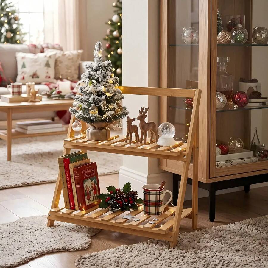 1pc Bamboo Double Layer Folding Storage Rack, Ins Style Desktop Display Stand, Christmas Holiday Decoration Display Shelf, Living Room Desktop Book Cup Storage Rack, Vanity Makeup Aromatherapy Ornament Holder, Multi-Layer Tiered Display Stand, No Assembly Portable Storage Rack, Home Atmosphere Decorative Storage Item - Multicolor - View 1