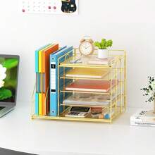 Organizador de computadora con soporte para archivos, bandeja de papel de 5 niveles, organizadores de computadora de malla y accesorios con soporte para revistas, organizador de computadora - Amarillo - Ver 3