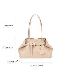 Grass Green Woven Texture Women's Tote Bag, High-End Large Capacity Shoulder Underarm Commuter Versatile Bag - White - View 10