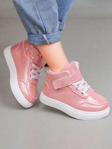 High-Top Sneakers Cute Shiny Surface Hook And Loop Soft Sole Non-Slip Toddler Casual Sports Walking Shoes - Pink - View 4