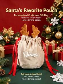 Custom Text Logo Personalized Christmas Reindeer Drawstring Gift Bag, Customized Text Velvet Christmas Gift Bag With Cute Antler Decoration, Reusable Soft Holiday Candy Gift Bag, Suitable For Children's Family Christmas Party Gift Packaging, Christmas Eve Stocking Decoration And Customized Souvenir Gift Storage Bag - Multicolor - View 4