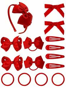 15pcs/Set Red Uniform Bow Hair Clips, Headbands, Hair Ties Set, Girls Student Hair Accessories - Red - View 1