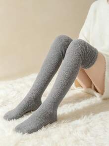 3 Pairs Women's Winter Coral Fleece Over-The-Knee Long Socks, Thickened Warm Fuzzy Slouch Socks, Soft Cozy Home Sleep Leg Warmers, Grey White Coffee Gentle Solid Colors, High-Top Calf Wrap Windproof Cold-Resistant, Elastic Cuff Non-Tight, Home Warmth - Multicolor - View 4