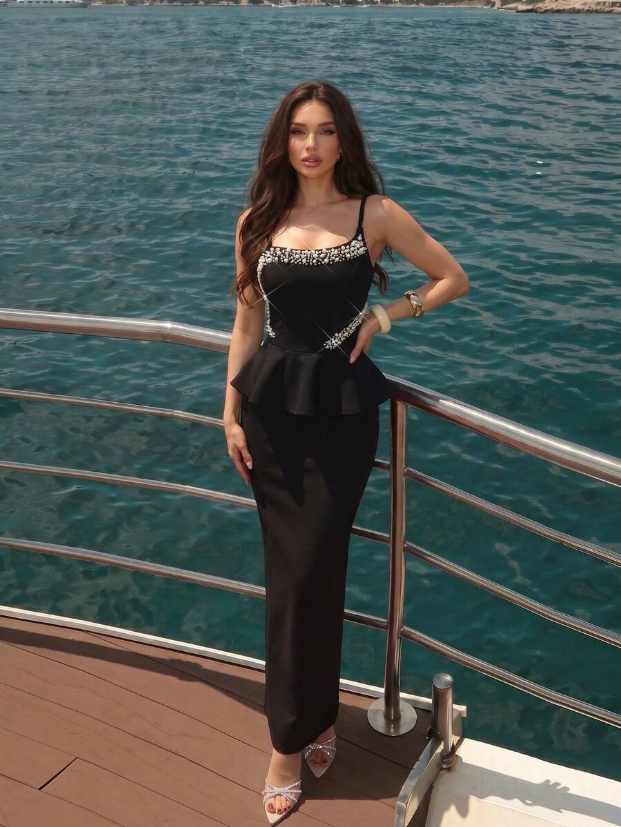 European And American New Sexy Glossy Pearl Decor Tie-Up Backless Ruffle Hem Fitted Dress Party Evening Gown - Black - View 1