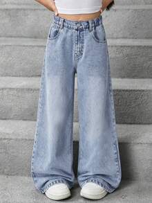 Girls' Wide Leg Jeans, Loose Casual Denim Pants - Blue - View 10
