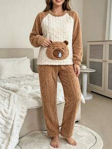 Women's Thick Cable Knit Coral Fleece Pajama Set, Raglan Long Sleeve Loose Wide Leg Pants, Cute Cartoon Home Wear, Can Be Worn Outdoors, Autumn/Winter - Camel - View 6