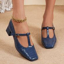 French Style Glossy Crocodile Embossed T-Strap Square Toe Chunky Heel Pumps With Adjustable Buckle, Suitable For Various Daily Outfit Styles, Women's High Heels - Navy Blue - View 4