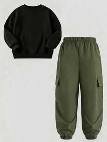 Tween Boy Cartoon Print Crew Neck Sweatshirt And Sweatpants Casual Set - Army Green - View 3
