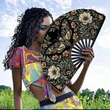 Vintage Floral Skull Moth Large Folding Clapper Fan, Gothic Tattoo Style, Bar Party Photo Prop Decorative Folding Fan - Multicolor - View 6
