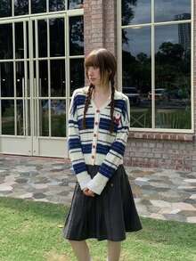Striped Mink Fur Knit Cardigan Sweater Women Loose Slouchy Fuzzy Outerwear - Navy Blue - View 4