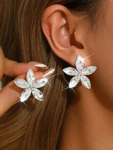 Silver Flower Rhinestone Stud Earrings, Marquise Crystal Floral Earrings, Women's Bridal Wedding Prom Evening Party Jewelry - Silver - View 3