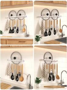 No-Drill Kitchen Hook Rack, Wall-Mounted Kitchen Utensil Holder, Movable Hooks, Suitable For Pots, Pans, Kitchen Tools, Space-Saving Kitchen Storage Rack, Multi-Scenario Use, Multi-Functional Hook Rack - Multicolor - View 7