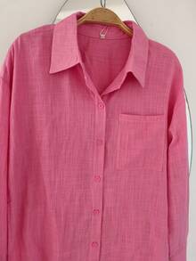 Women's Long Sleeve Button-Down Shirt - 粉色亞麻 - 查看 6