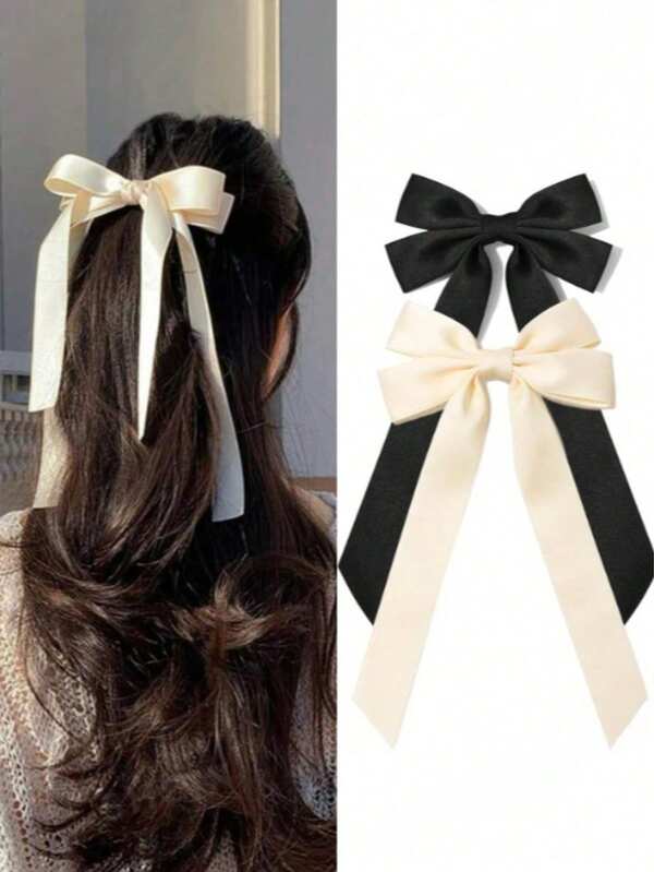 2 Pcs Silky Satin Hair Accessories Bows And Ribbon Alligator Clips For Ponytail, Hair Accessories For Girls And Teens