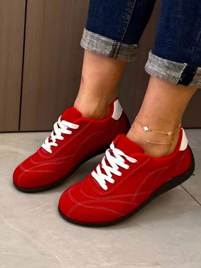 1 Pasang Sepatu Sneaker Kasual Wanita Sporty Sepanjang Musim Gaya Retro Amerika Baru Bertali Warna Hitam & Putih, Sepatu, Sepatu Papan Selancar, Sepatu Latihan, Sepatu Kasual Datar Sporty Wanita