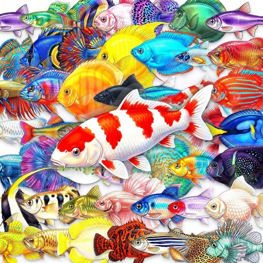 50Pcs New Creative Fish Shaped PET Stickers Various Unique Colorful Fish Waterproof Decals For Daily Decor - 50 PCS - View 1