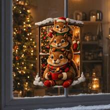 1pc Winter Snowy Window Sill Squirrel Glass Sticker, Warm Light Christmas Tree & Hot Drink Small Animal Set, Home Floor Window & Shop Gentle Christmas Glue-Free Decorative Sticker - Multicolor - View 2