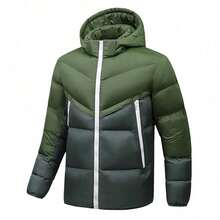 Abrigo acolchado de hombre con capucha, ajuste slim, bloque de color, con cremallera, acolchado térmico guateado, cortavientos, chaqueta de algodón para invierno - Verde militar - Ver 4
