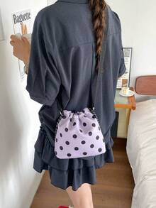 1 pieza Bolso cubo de nailon de unicolor con cordón y patrón de lunares, bolso bandolera para mujer - Púrpura malva - Ver 3