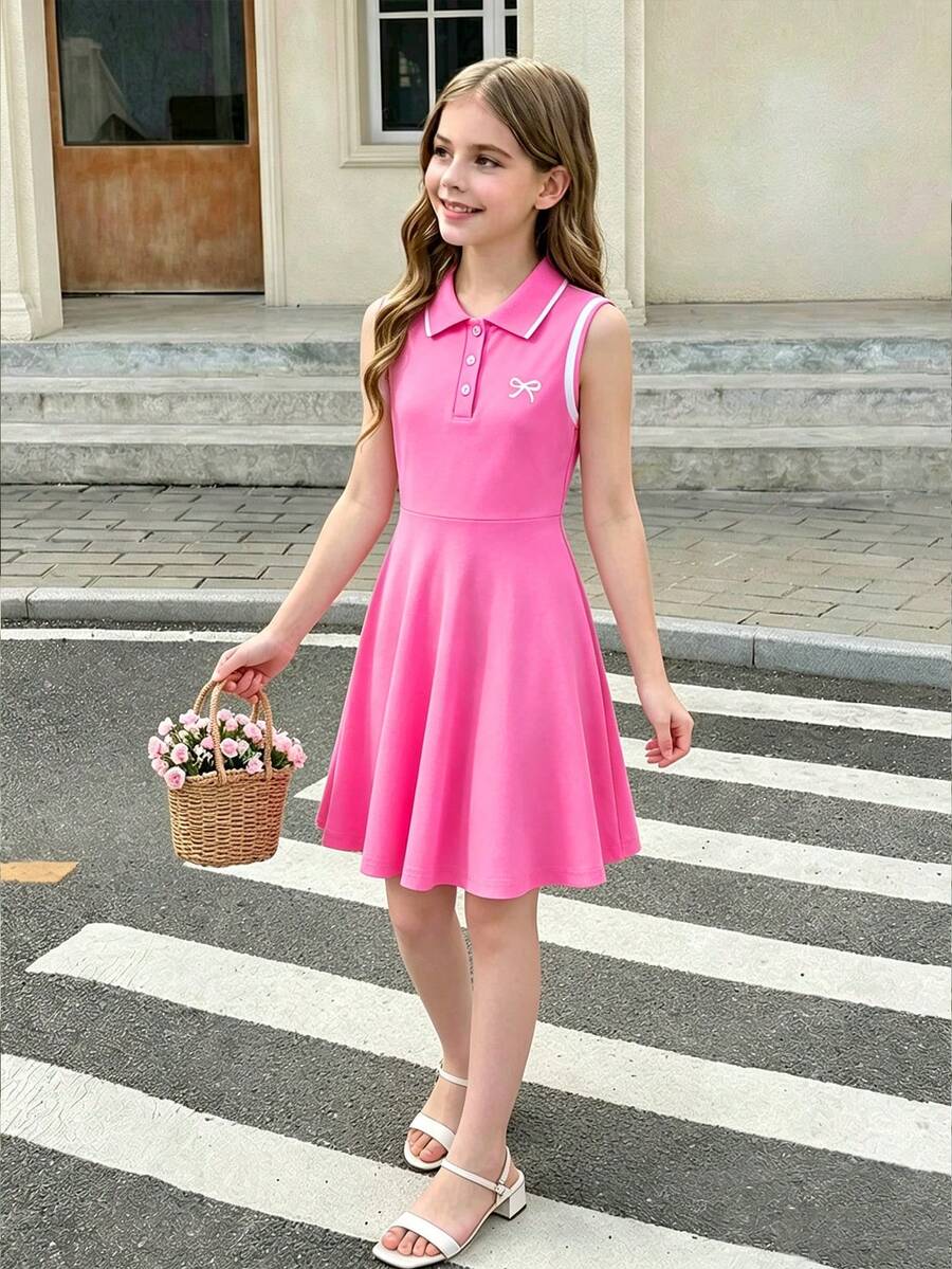 Tween Girl Polo Collar Half-Placket Cartoon Print Dress - Hot Pink - View 1