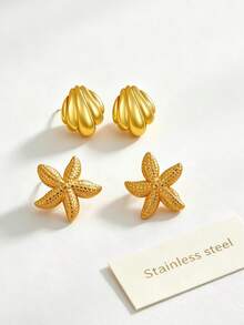 1 Set (2 Pairs/5 Pairs) Stainless Steel Shell & Starfish Shaped Beach Style Earrings, Suitable For Women To Wear At Parties Or Beach Vacations, Also As A Holiday Gift For Her - Gold - View 1