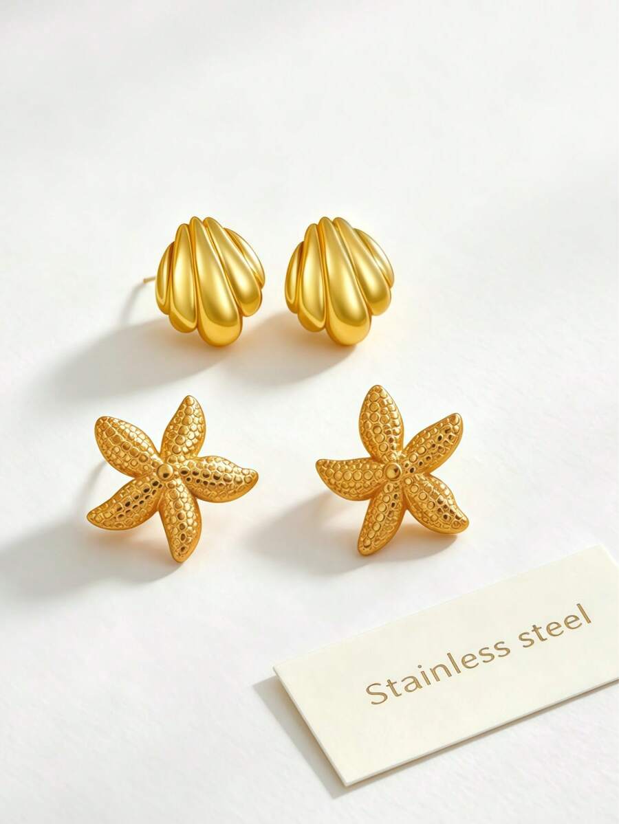 1 Set (2 Pairs/5 Pairs) Stainless Steel Shell & Starfish Shaped Beach Style Earrings, Suitable For Women To Wear At Parties Or Beach Vacations, Also As A Holiday Gift For Her - Gold - View 1