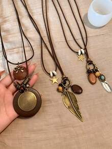 3pcs/Set Bohemian Vintage Geometric Feather Leaf Pendant Necklace, Suitable For Daily Wear, Party And Gift - Multicolor - View 7