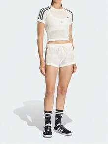 Adidas 三葉草針織女子修身短版T卹 - 白色/黑色 - 查看 4