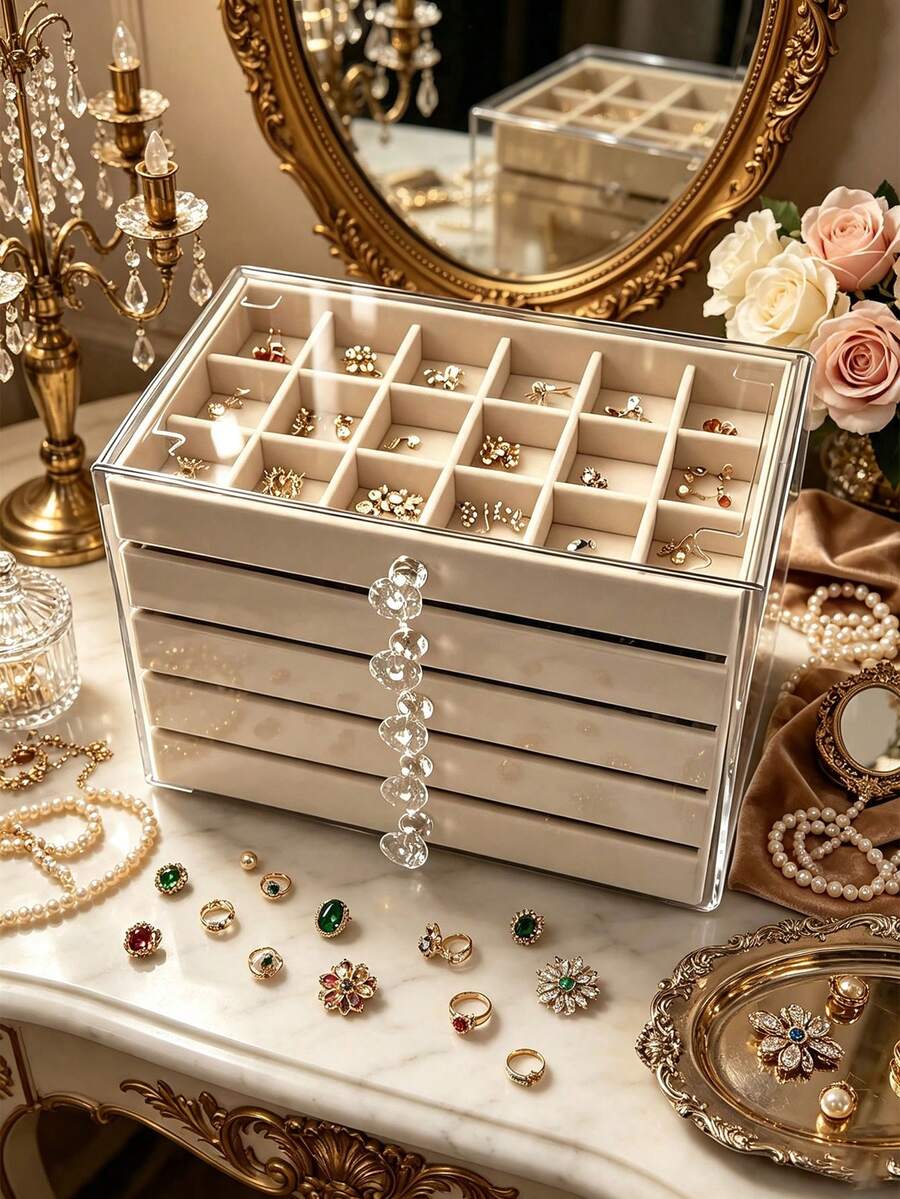 1pc Acrylic Transparent Jewelry Storage Box, 5 Layers, Large Capacity, Drawer Style, Jewelry Organizer