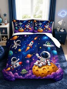 3pcs Space Astronaut Pattern Bedding Set Quilt And Pillowcases 3 Pieces Set - Soft, Comfortable And Breathable Bedding, 200g Quilted Filling, Includes 1 Quilt And 2 Pillowcases (Pillow Inserts Not Included) - Perfect Choice For Home Or Dorm - Multicolor - View 2