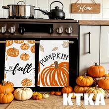 2Pcs Thanksgiving Fall Pumpkin Print Kitchen Towels, Maple Leaf Letter Pattern Dish Cloth, Seasonal Holiday Kitchen Decor Hand Towels - Coral Orange - View 3
