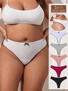 Rosiemei 5pcs Plus Size Women's Ribbed Low Waist Front Bow Thong , Comfortable Triangle G-String Soft T-Back Elastic Panties - Multicolor - View 9