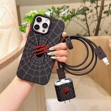 6pcs Casing Ponsel Motif Jaring Laba-laba Hitam Cair + Penutup Kepala Charger + Pelindung Kabel + Tali Penyimpanan + Tali Pelindung Kabel Data TPU Anti-Jatuh, Casing Ponsel Apple, Kompatibel dengan Apple 17 16e 16 15 14 13 12 11 Mini Pro Max Air X XR XSMAX 8 7 Plus, Casing Belakang Matte Anti-Jatuh, Casing Pelindung Smartphone, Casing untuk Penggunaan Sehari-hari, Aksesoris Ponsel Modis, Desain Kreatif, Desain Cetak UV, Casing Pelindung Modis, Pecinta Mode, Pecinta Musik, Sempurna sebagai Hadiah Ulang Tahun - MultiWarna - View 1